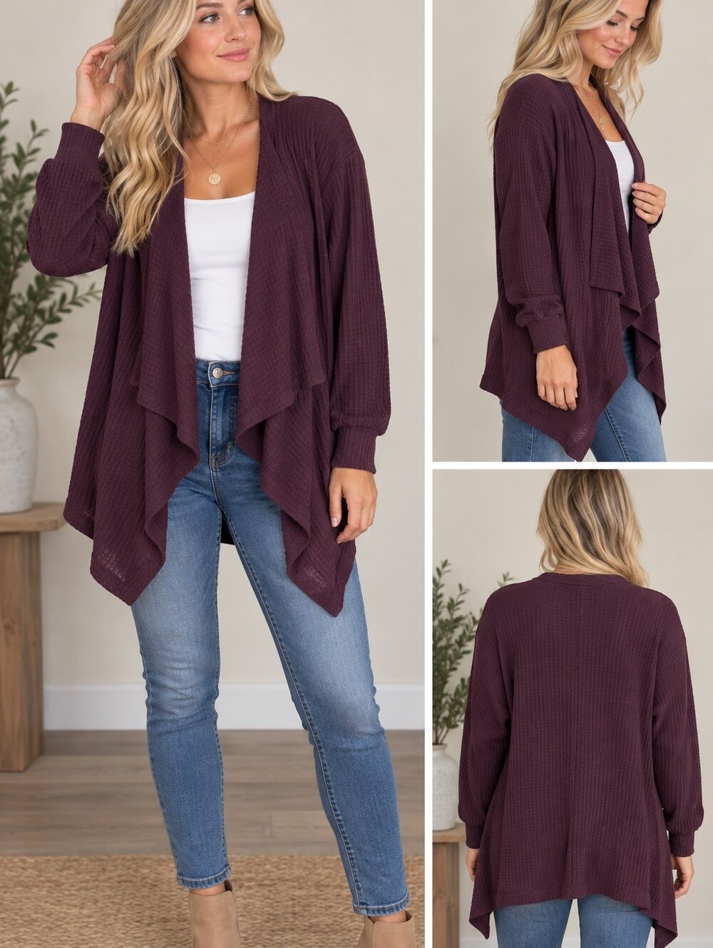 Everyday Open Front Cardigan Waffle Type Fabric - Plum By Sweet Lilac Size S